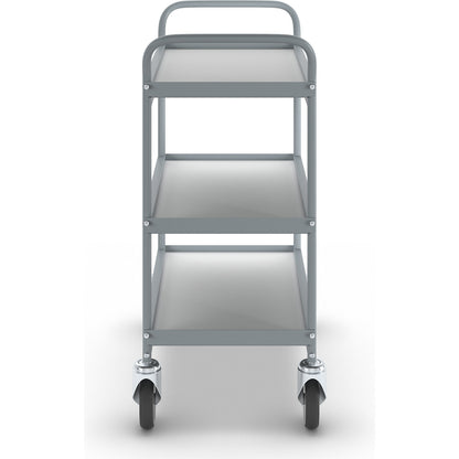 Serving trolley, platform 658 x 338 mm, max. load 75 kg, 3 shelves, 4 swivel castors, 2 with double stops.