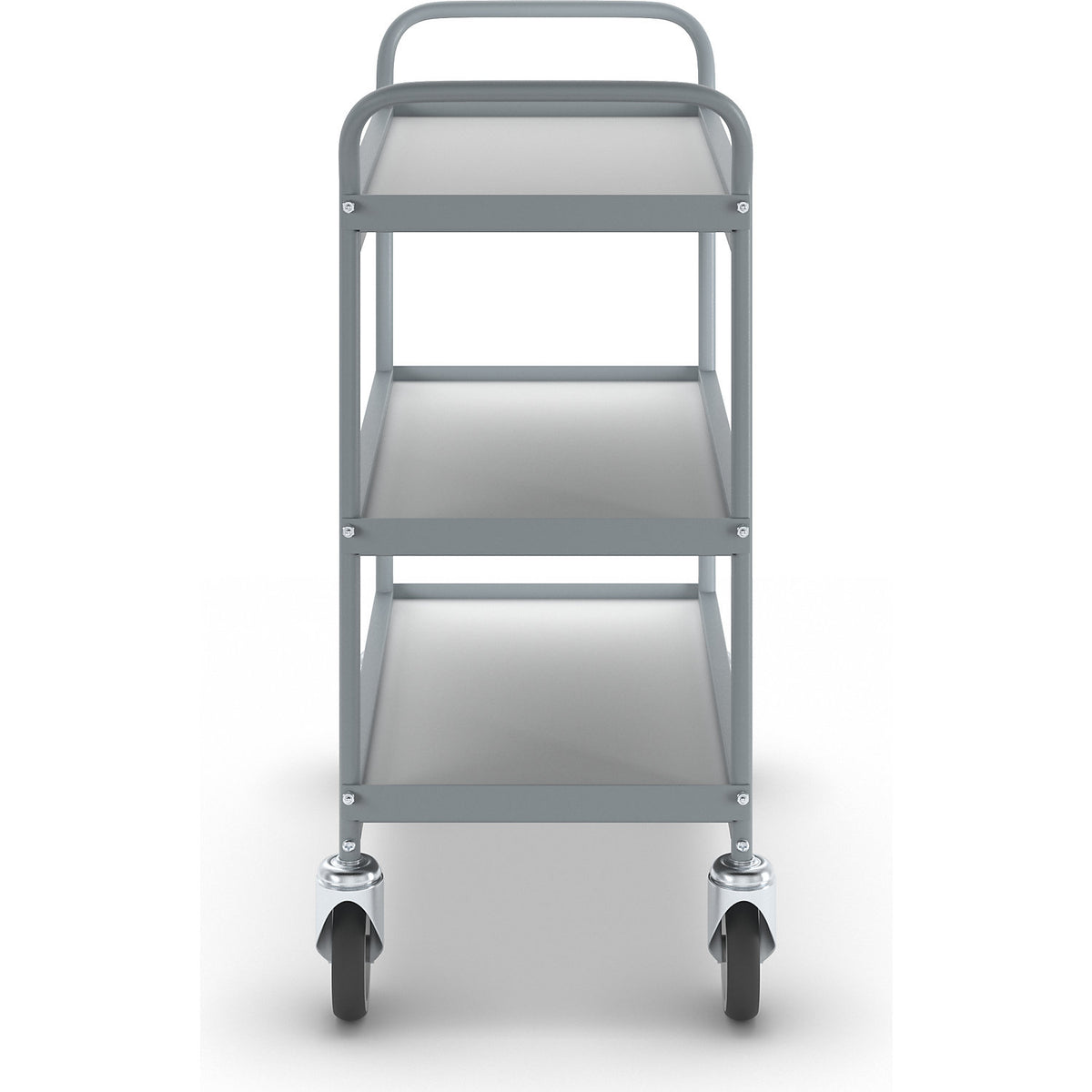 Serving trolley, platform 658 x 338 mm, max. load 75 kg, 3 shelves, 4 swivel castors, 2 with double stops.