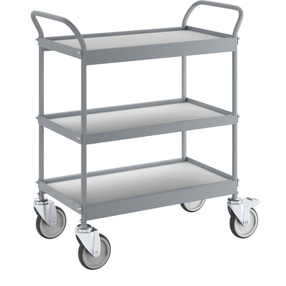 Serving trolley, platform 658 x 338 mm, max. load 75 kg, 3 shelves, 4 swivel castors, 2 with double stops.
