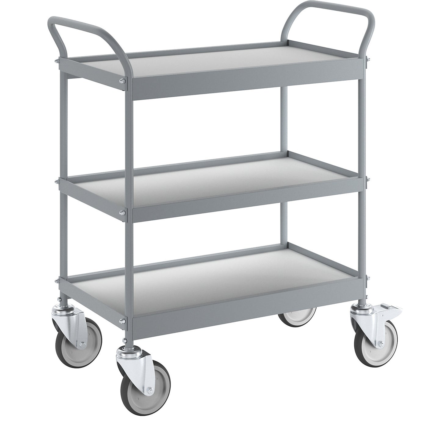 Serving trolley, platform 658 x 338 mm, max. load 75 kg, 3 shelves, 4 swivel castors, 2 with double stops.