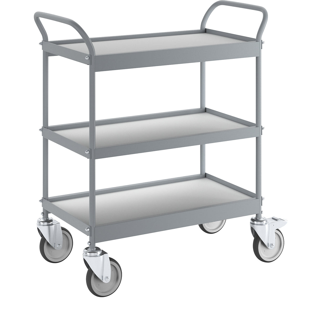 Serving trolley, platform 658 x 338 mm, max. load 75 kg, 3 shelves, 4 swivel castors, 2 with double stops.