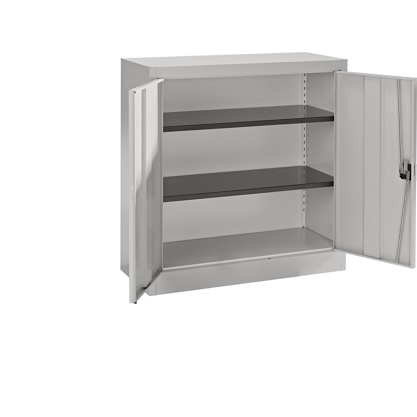 Steel cupboard with hinged doors, 2 shelves, height 1016 mm, light grey.