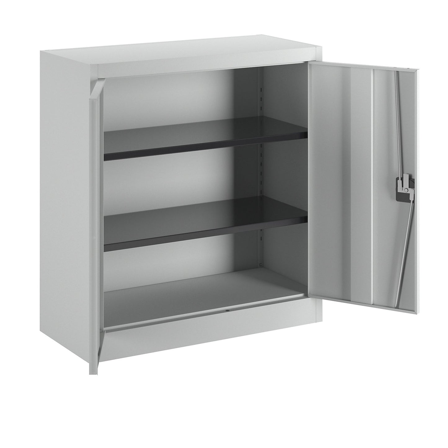 Steel cupboard with hinged doors, 2 shelves, height 1016 mm, light grey.