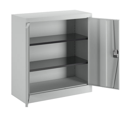 Steel cupboard with hinged doors, 2 shelves, height 1016 mm, light grey.