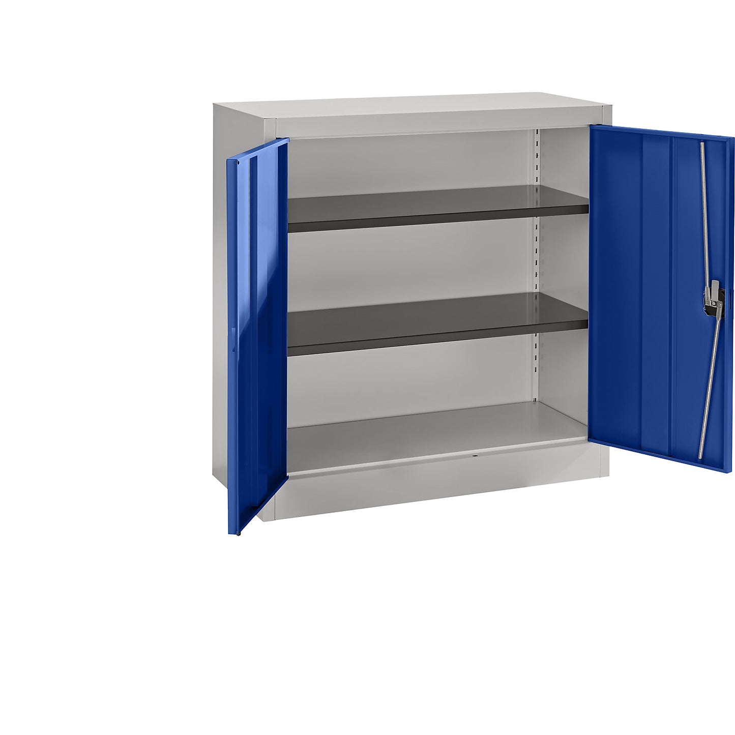 Steel cupboard with hinged doors, 2 shelves, height 1016 mm, light grey / ultramarine blue.