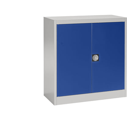 Steel cupboard with hinged doors, 2 shelves, height 1016 mm, light grey / ultramarine blue.