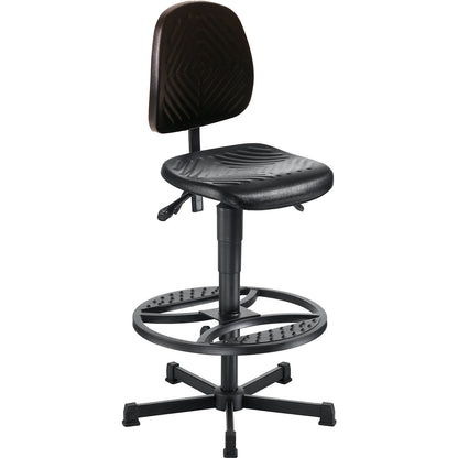 Industrial swivel chair, polyurethane upholstery, gas lift height adjustment, with floor glides and foot ring, height adjustment range 570 - 820 mm.
