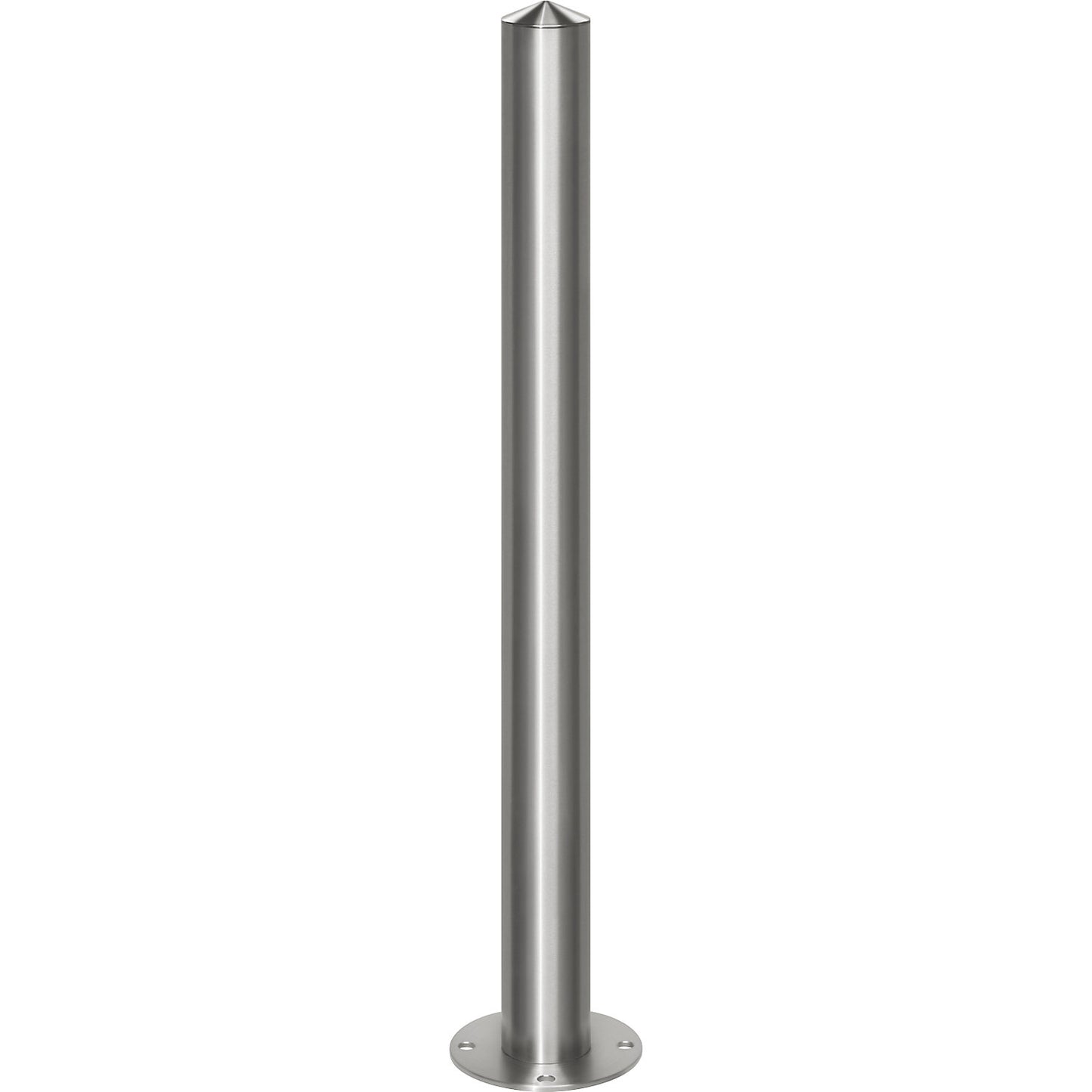 Stainless steel barrier post, with pointed head, for bolting in place, Ø 76 mm, fixed.