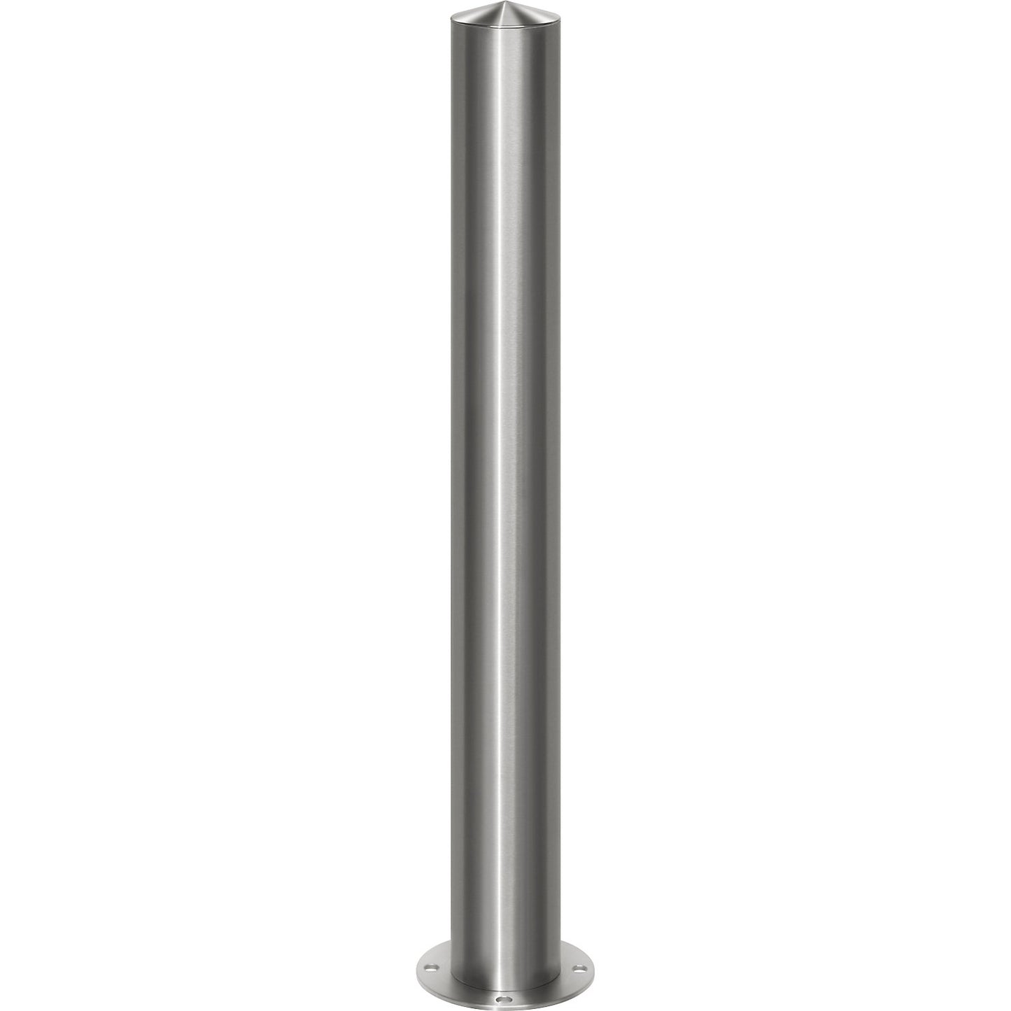 Stainless steel barrier post, with pointed head, for bolting in place, Ø 102 mm, fixed.