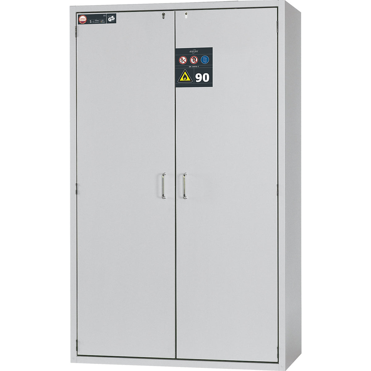 Fire resistant hazardous goods storage cupboard, type 90, 2 doors, external HxWxD 1968 x 1200 x 615 mm, grey, powder-coated.