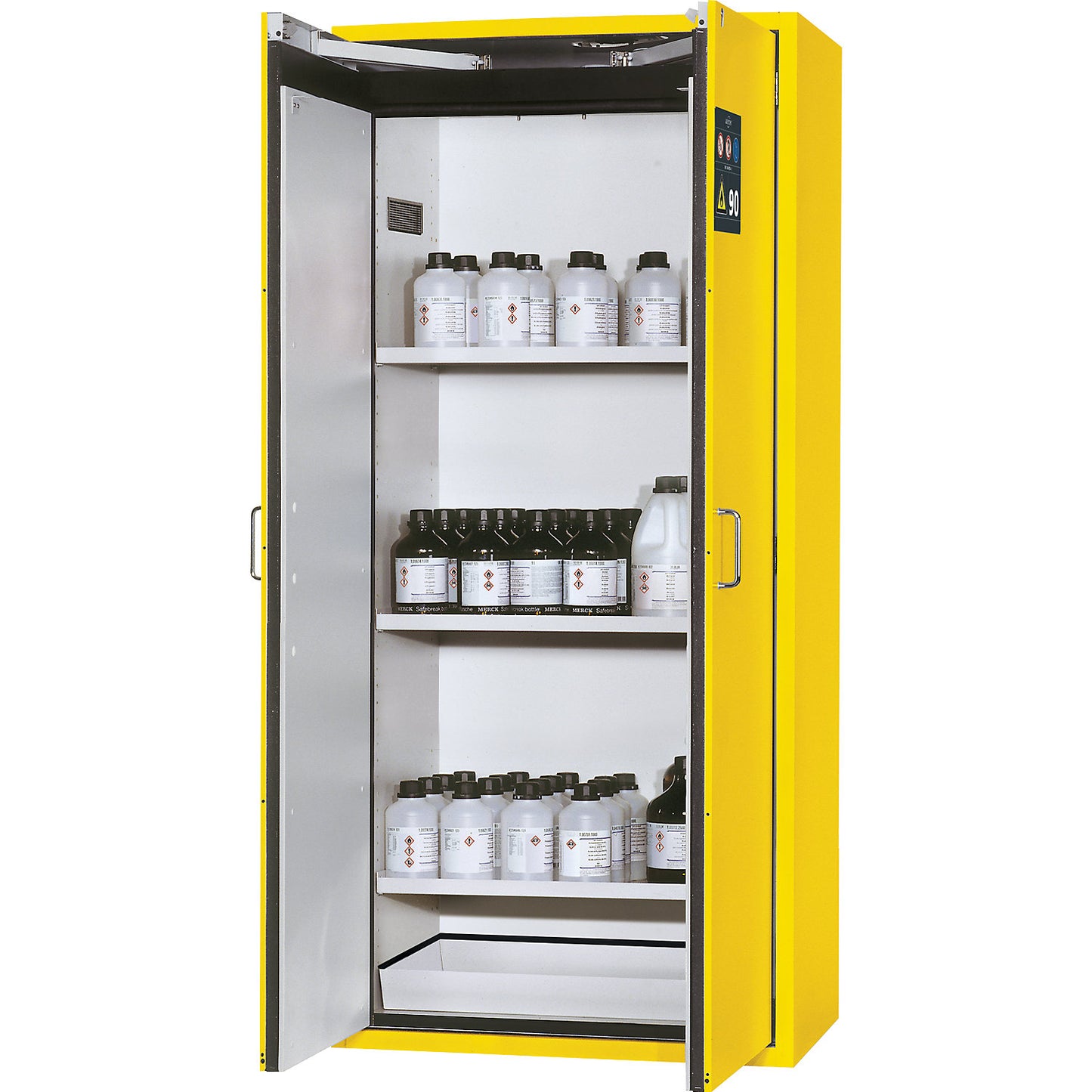 Fire resistant hazardous goods storage cupboard, type 90, 2 doors, external HxWxD 1968 x 900 x 615 mm, yellow, powder-coated.