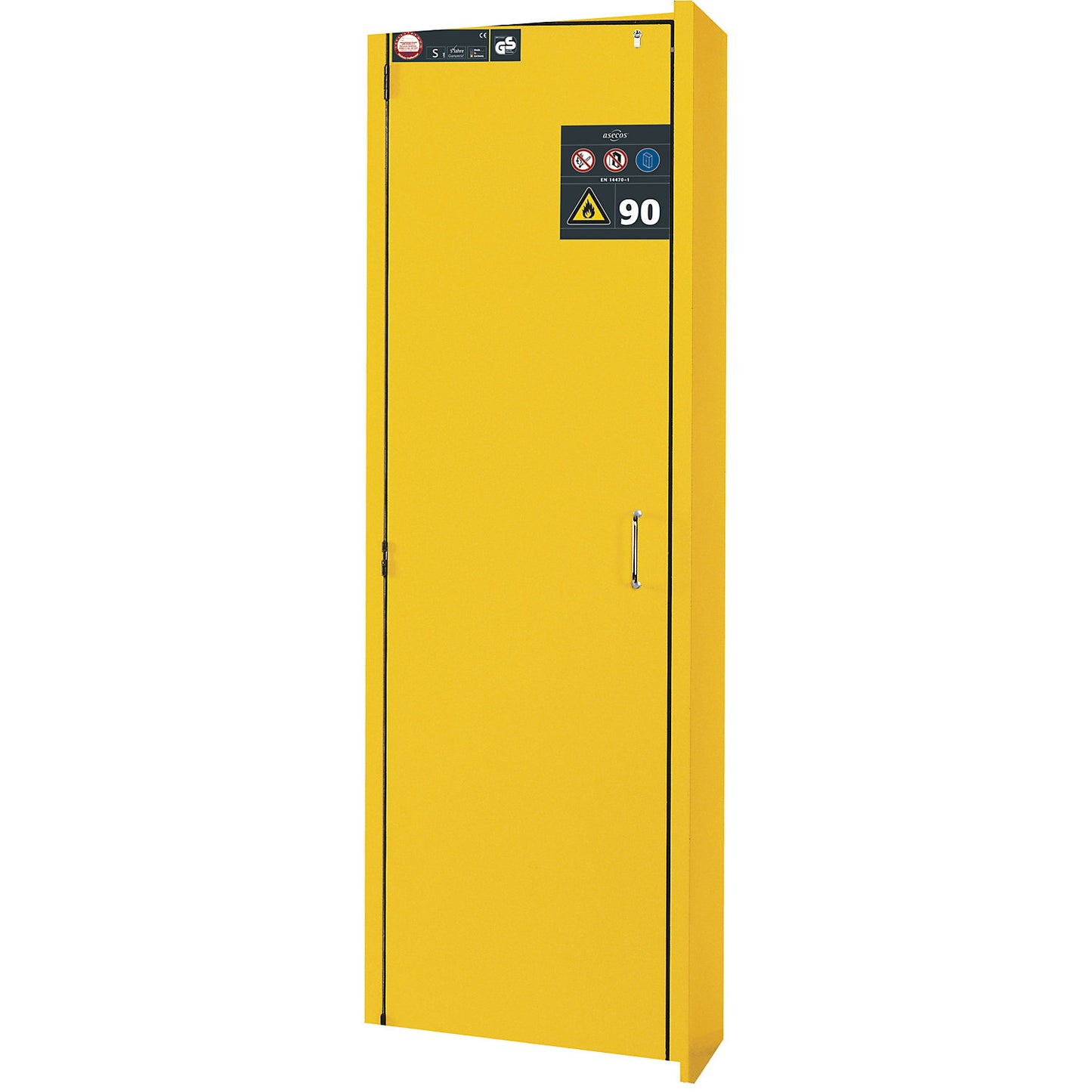 Fire resistant hazardous goods storage cupboard, type 90, 1 door, external HxWxD 1968 x 600 x 615 mm, yellow, powder-coated.
