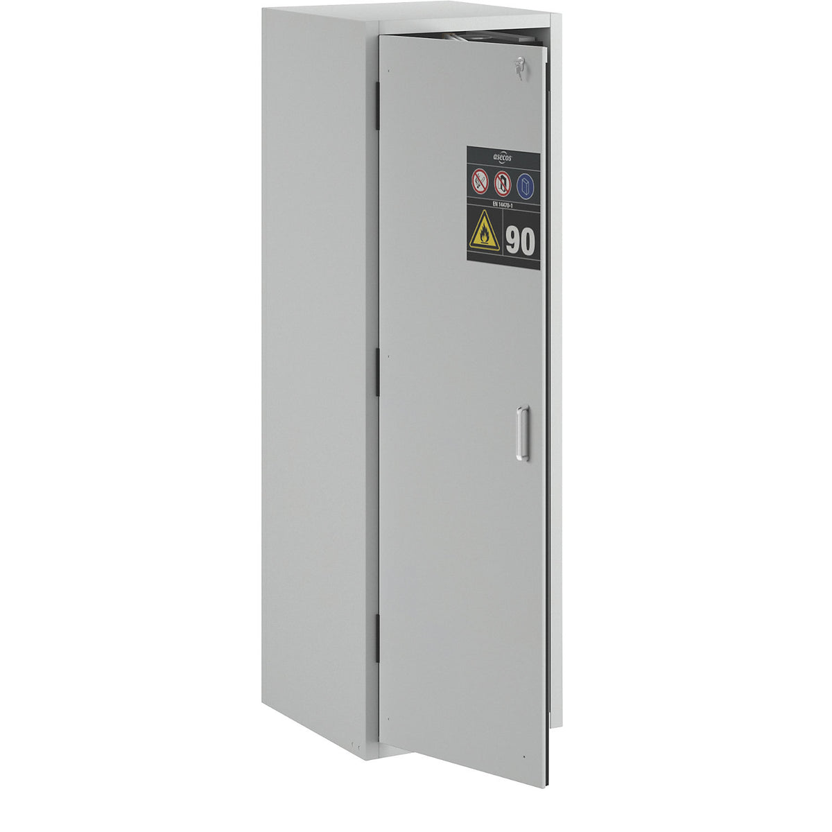 Fire resistant hazardous goods storage cupboard, type 90, 1 door, external HxWxD 1968 x 600 x 615 mm, grey, powder-coated.