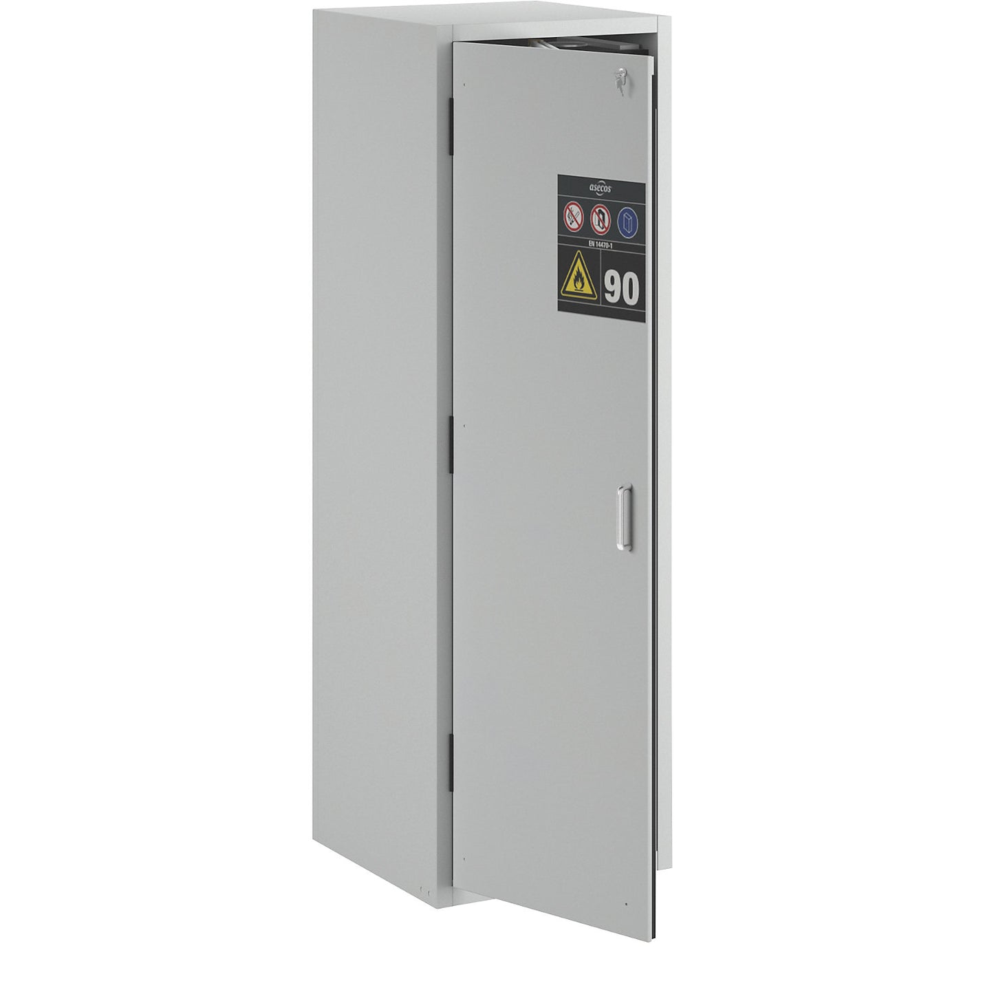 Fire resistant hazardous goods storage cupboard, type 90, 1 door, external HxWxD 1968 x 600 x 615 mm, grey, powder-coated.