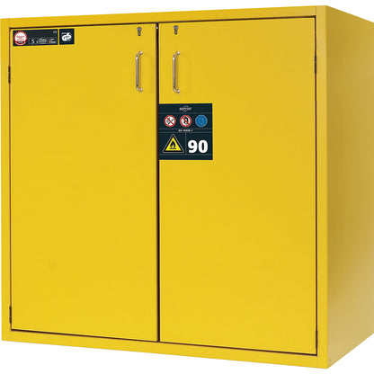 Fire resistant hazardous goods storage cupboard, type 90, 2 door, external HxWxD 1298 x 1200 x 615 mm, yellow, powder-coated.
