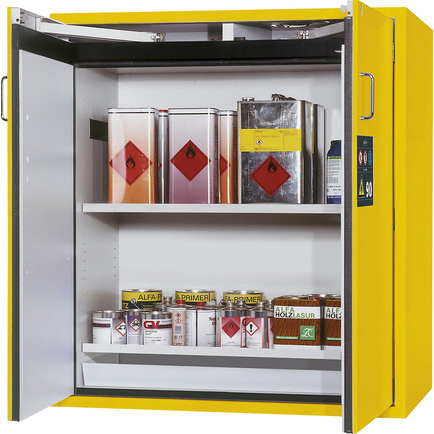 Fire resistant hazardous goods storage cupboard, type 90, 2 door, external HxWxD 1298 x 1200 x 615 mm, yellow, powder-coated.