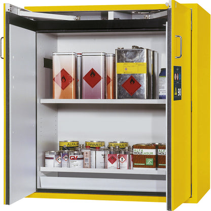 Fire resistant hazardous goods storage cupboard, type 90, 2 door, external HxWxD 1298 x 1200 x 615 mm, yellow, powder-coated.