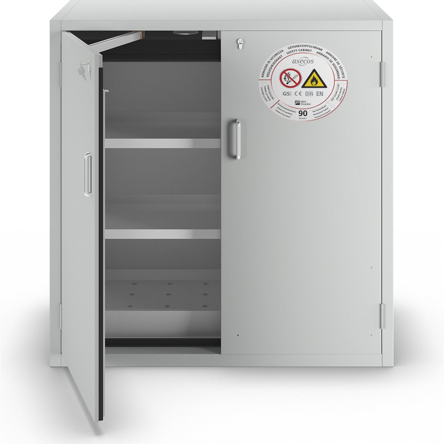 Fire resistant hazardous goods storage cupboard, type 90, 2 door, external HxWxD 1298 x 1200 x 615 mm, grey, powder-coated.