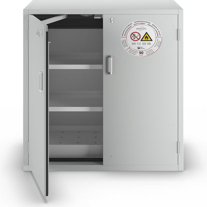 Fire resistant hazardous goods storage cupboard, type 90, 2 door, external HxWxD 1298 x 1200 x 615 mm, grey, powder-coated.