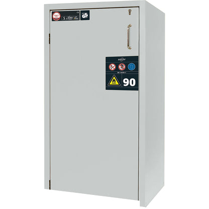 Fire resistant hazardous goods storage cupboard, type 90, 1 door, external HxWxD 1298 x 600 x 615 mm, grey, powder-coated.