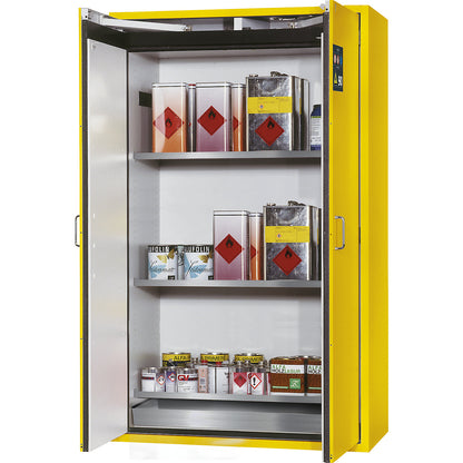 Fire resistant hazardous goods storage cupboard, type 90, 2 doors, external HxWxD 1968 x 1200 x 615 mm, yellow, stainless steel.