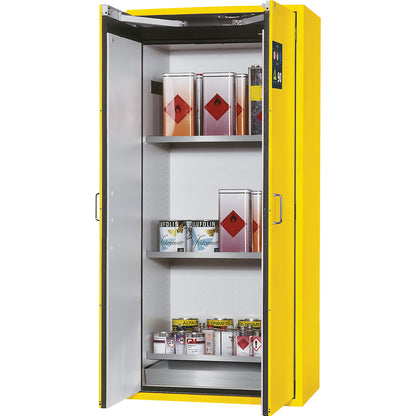 Fire resistant hazardous goods storage cupboard, type 90, 2 doors, external HxWxD 1968 x 900 x 615 mm, yellow, stainless steel.