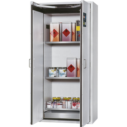 Fire resistant hazardous goods storage cupboard, type 90, 2 doors, external HxWxD 1968 x 900 x 615 mm, grey, stainless steel.