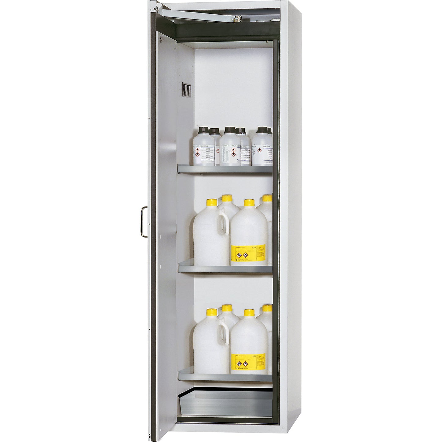 Fire resistant hazardous goods storage cupboard, type 90, 1 door, external HxWxD 1968 x 600 x 615 mm, grey, stainless steel.
