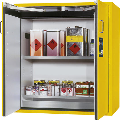 Fire resistant hazardous goods storage cupboard, type 90, 2 door, external HxWxD 1298 x 1200 x 615 mm, yellow, stainless steel.