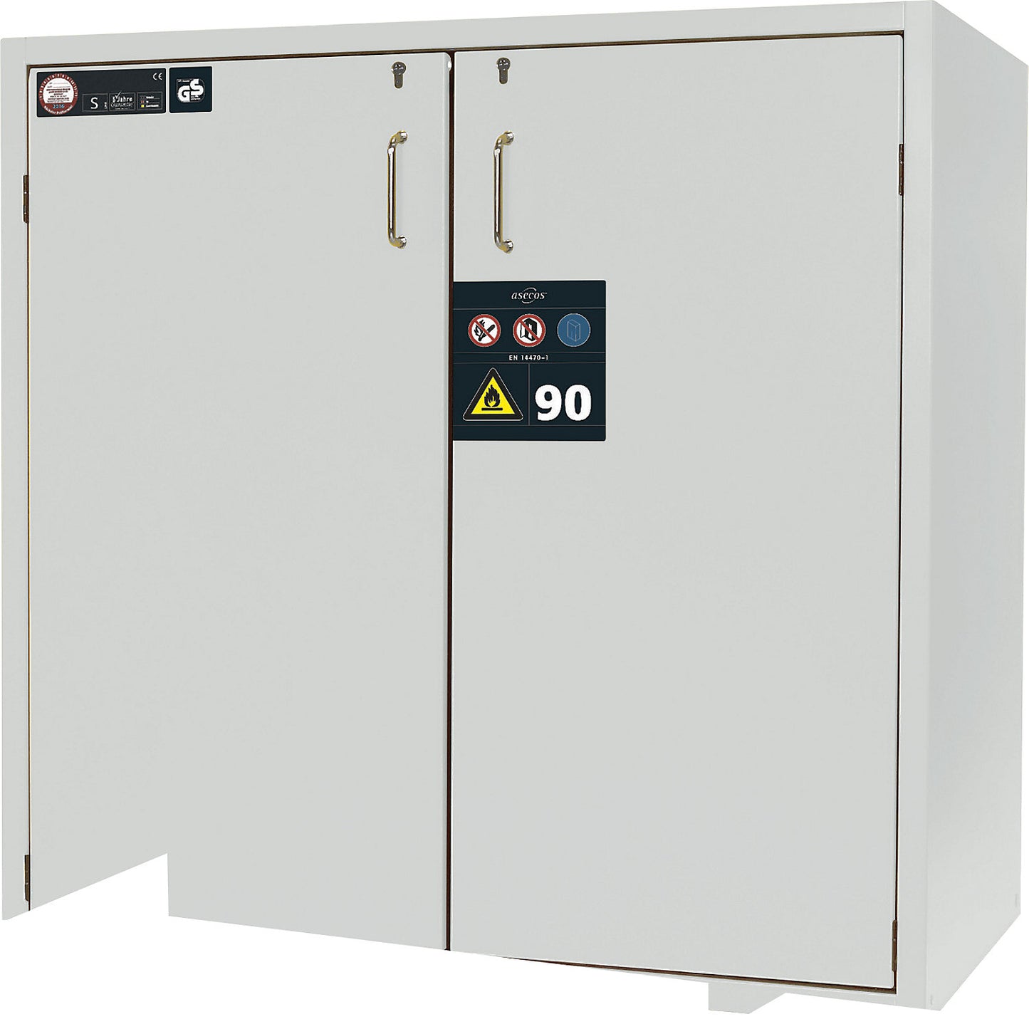Fire resistant hazardous goods storage cupboard, type 90, 2 door, external HxWxD 1298 x 1200 x 615 mm, grey, stainless steel.