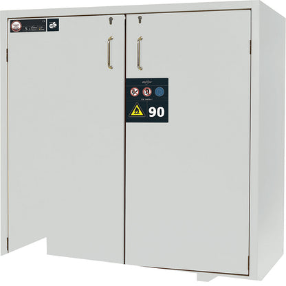 Fire resistant hazardous goods storage cupboard, type 90, 2 door, external HxWxD 1298 x 1200 x 615 mm, grey, stainless steel.
