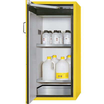 Fire resistant hazardous goods storage cupboard, type 90, 1 door, external HxWxD 1298 x 600 x 615 mm, yellow, stainless steel.