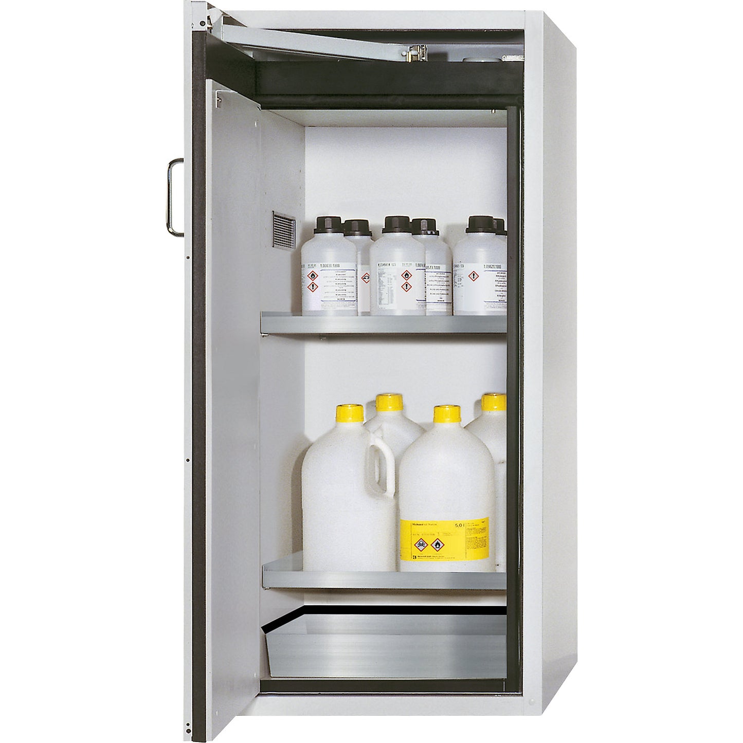 Fire resistant hazardous goods storage cupboard, type 90, 1 door, external HxWxD 1298 x 600 x 615 mm, grey, stainless steel.