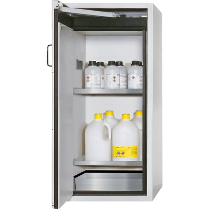 Fire resistant hazardous goods storage cupboard, type 90, 1 door, external HxWxD 1298 x 600 x 615 mm, grey, stainless steel.