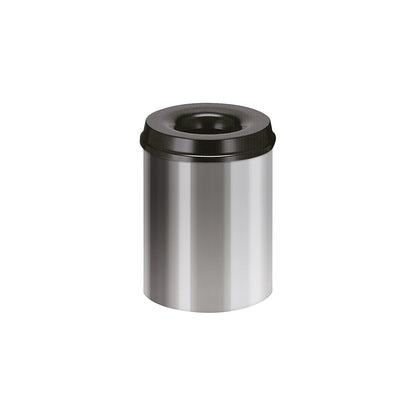 Safety waste paper bin, steel, self-extinguishing, capacity 15 l, HxØ 360 x 255 mm, body aluminium silver / extinguishing lid black.