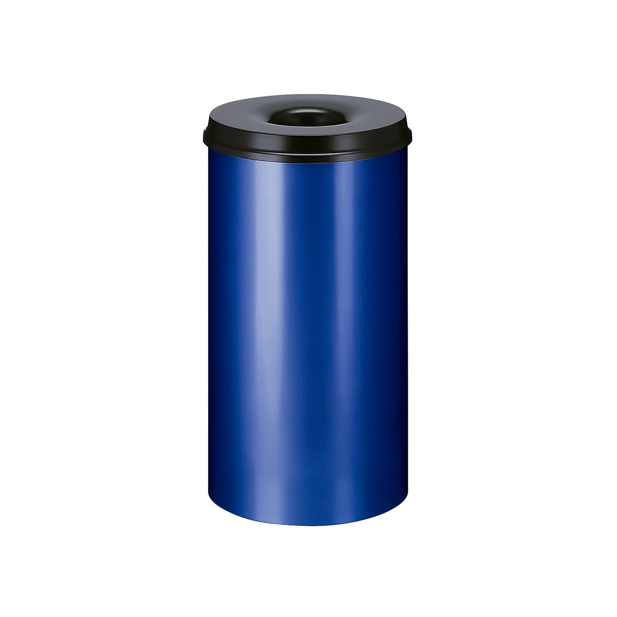 Safety waste paper bin, steel, self-extinguishing, capacity 50 l, HxØ 625 x 335 mm, body blue / extinguishing lid black.