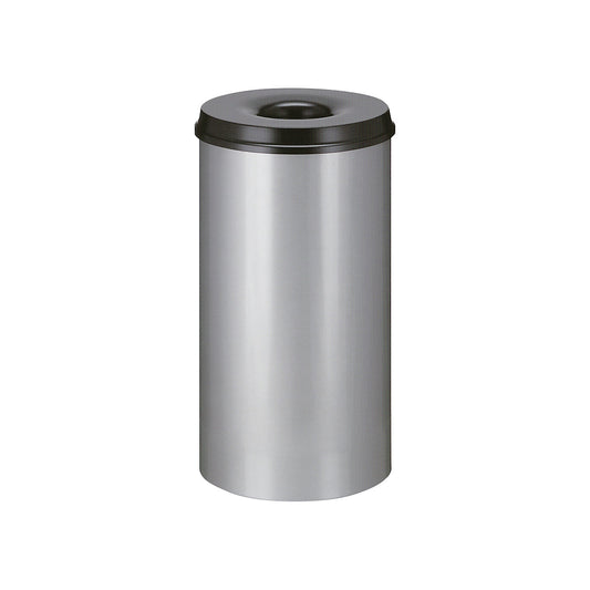 Safety waste paper bin, steel, self-extinguishing, capacity 50 l, HxØ 625 x 335 mm, body aluminium silver / extinguishing lid black.
