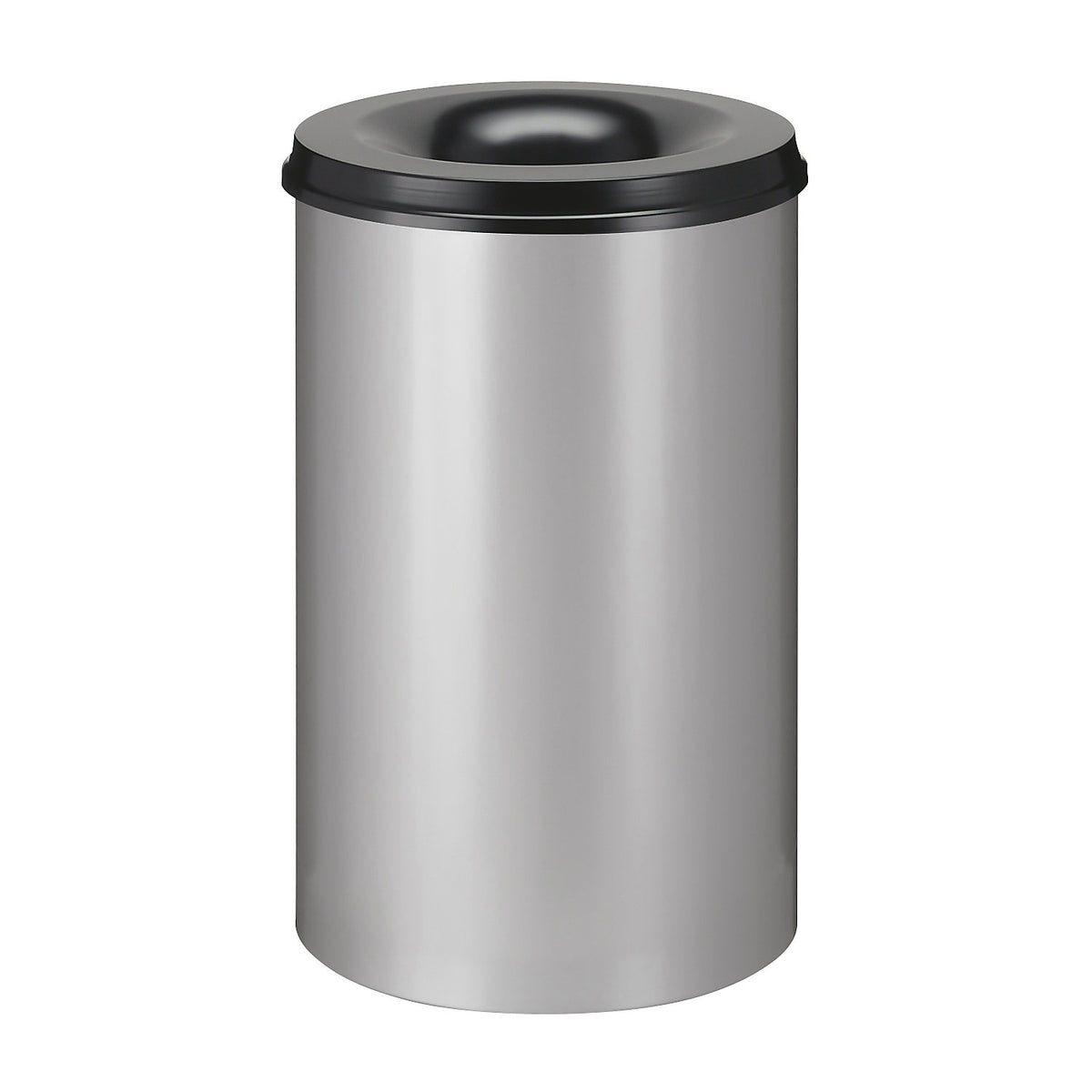 Safety paper bin, steel, flame retardant, capacity 110 l, HxØ 720 x 470 mm, body aluminium silver / extinguishing lid black.