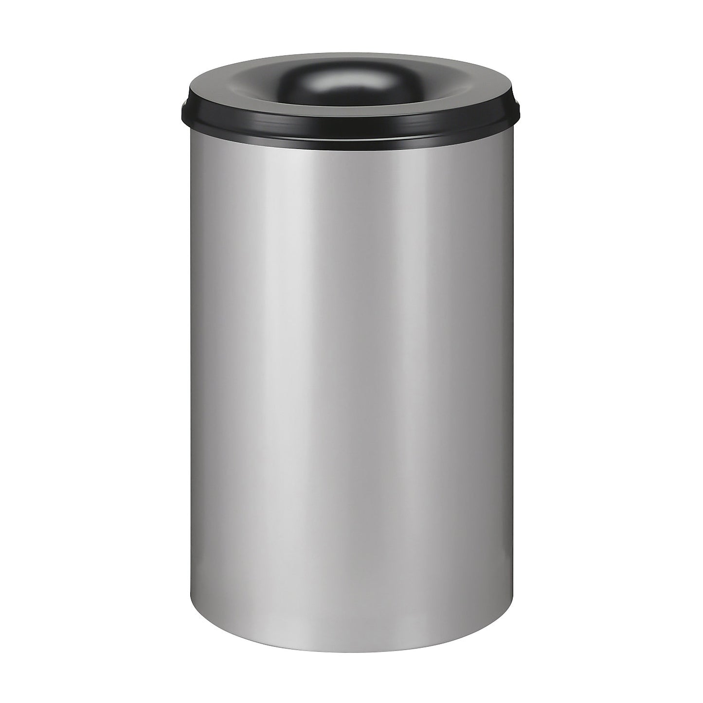 Safety paper bin, steel, flame retardant, capacity 110 l, HxØ 720 x 470 mm, body aluminium silver / extinguishing lid black.