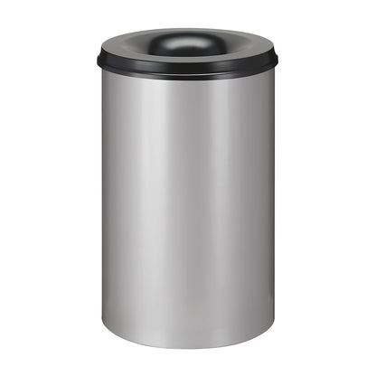 Safety paper bin, steel, flame retardant, capacity 110 l, HxØ 720 x 470 mm, body aluminium silver / extinguishing lid black.