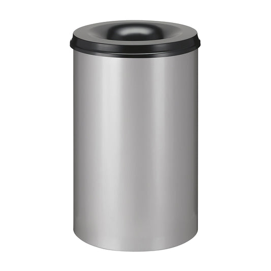 Safety paper bin, steel, flame retardant, capacity 110 l, HxØ 720 x 470 mm, body aluminium silver / extinguishing lid black.
