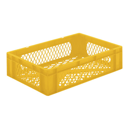 Euro stacking container, perforated walls and base, LxWxH 600 x 400 x 145 mm, yellow, pack of 5.