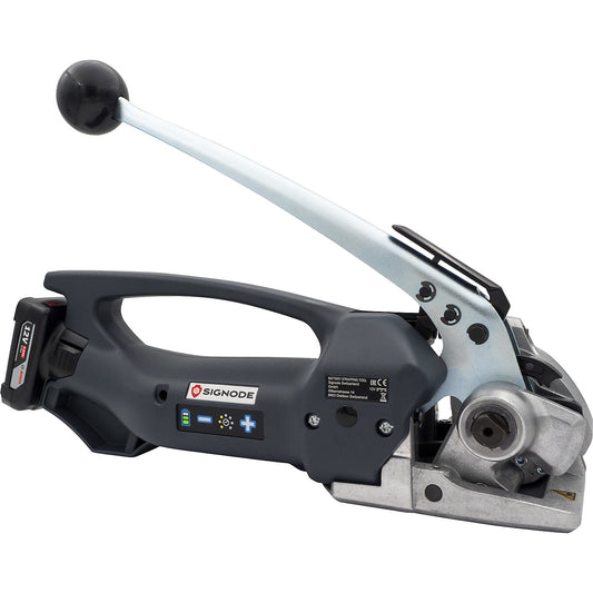 Battery powered strapping tool for PP and PET strapping, semi automatic, entry-level model, for strapping width 10 - 19 mm.