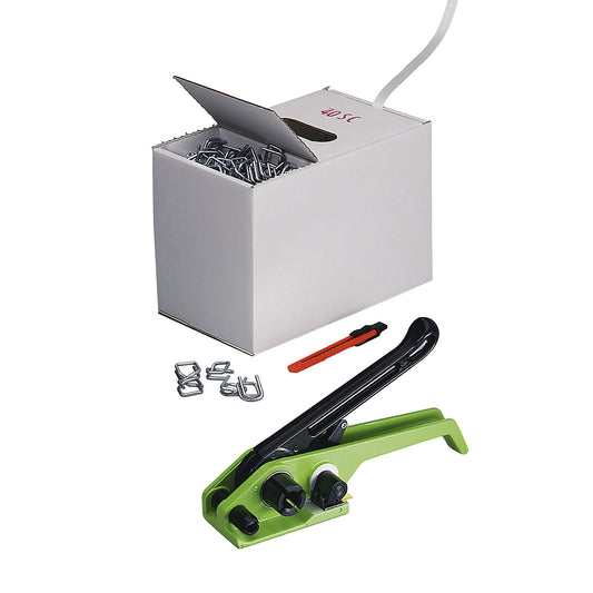 Strapping set, bonded reinforced PET strapping, tensioning tool, strapping in dispenser box, metal buckles, packing knife, strap width 13 mm.