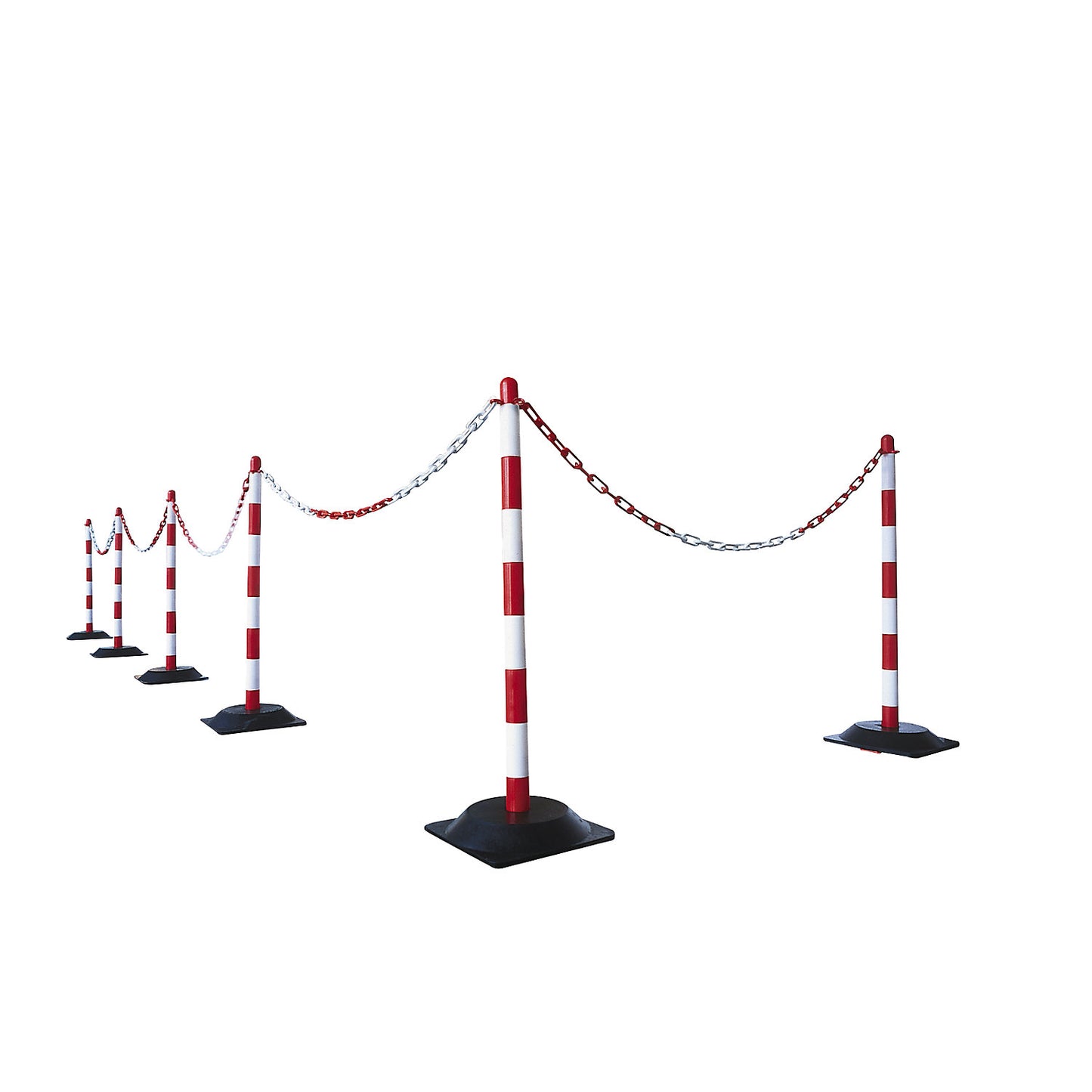 Chain stand set, 6 posts, square hard rubber foot, 10 m chain, red / white.