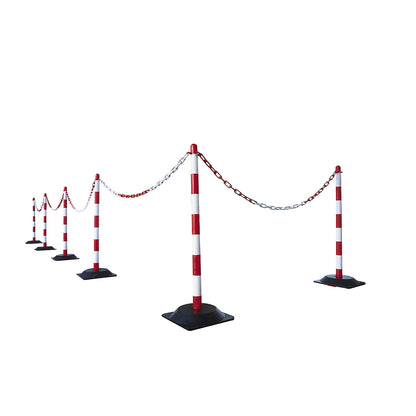 Chain stand set, 6 posts, square hard rubber foot, 10 m chain, red / white.