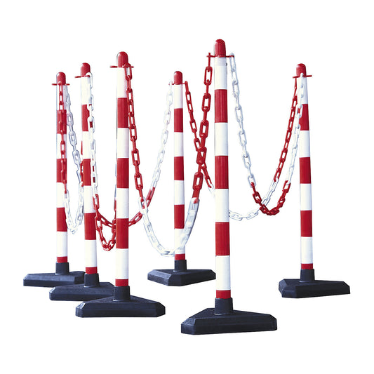 Chain stand set, 6 posts, cement-filled triangular foot, 10 m chain, red / white.