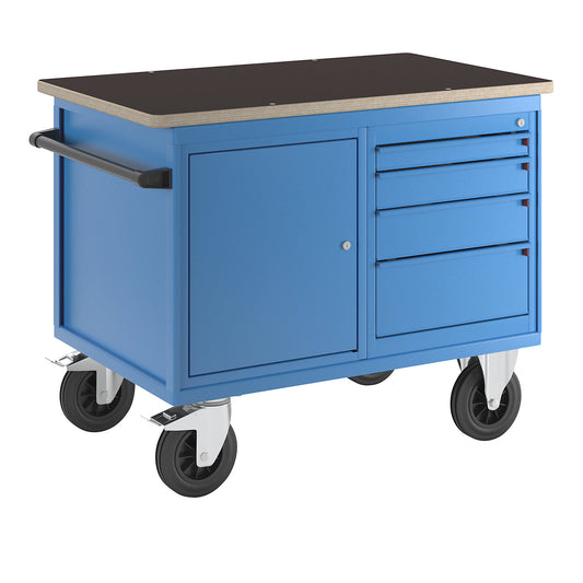 Assembly trolley, 1 cupboard, 1 drawer cupboard, body and front in light blue, multiplex worktop.