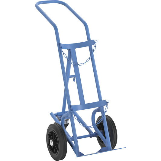 Steel and gas cylinder truck, for 1 steel cylinder up to Ø 285 mm, up to height 1.2 m, with support wheel, solid rubber tyres.