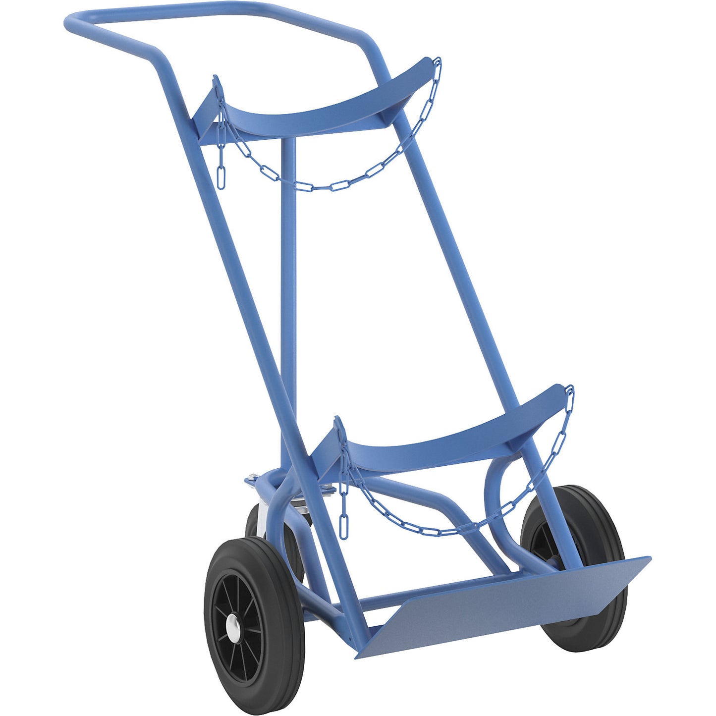 Steel and gas cylinder truck, for 1 steel cylinder with Ø up to 380 mm, with support wheel, solid rubber tyres.